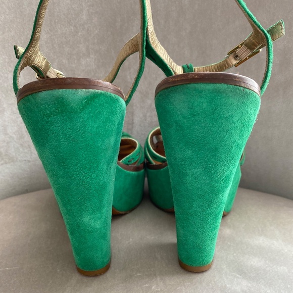 Marc Jacobs Green Suede Ankle Strap Platform Wedge Shoes, Gem Accent, 39/8.5 US - Picture 7 of 9